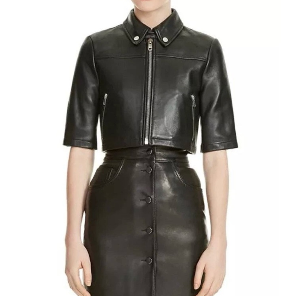 Maje Brittany Cropped Leather Shirt Jacket -EU Size 40 Black